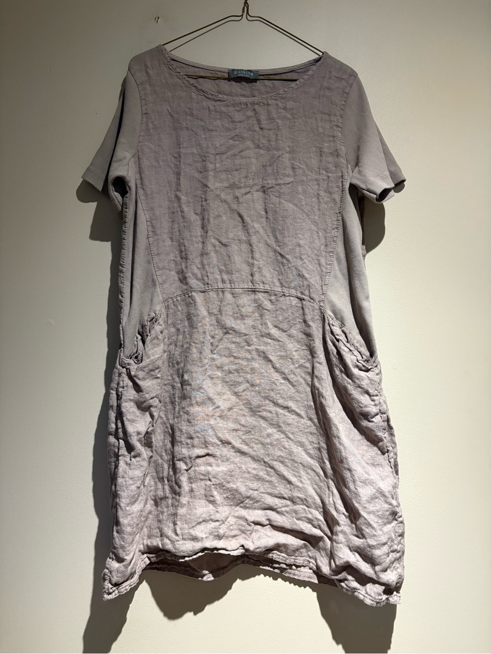 100% Linen Pistache Shirt Dress FLAWED Size Medium Tan